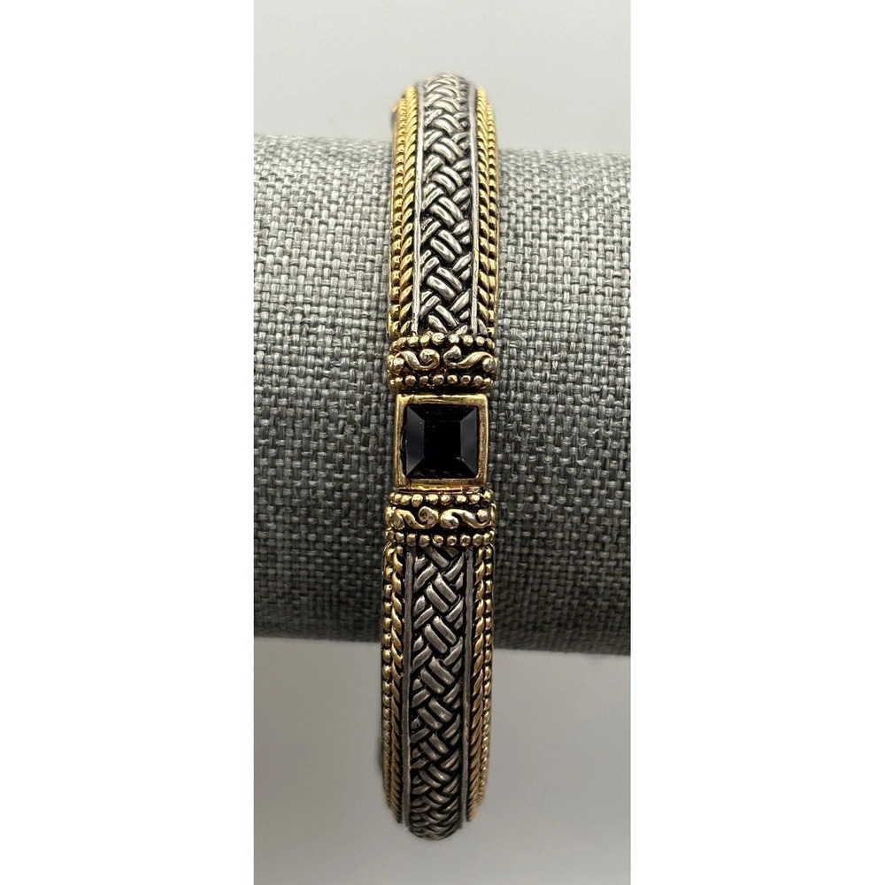 Woven Silver Tone Gold Tone Black Rhinestone Basketweave Bangle Bracelet